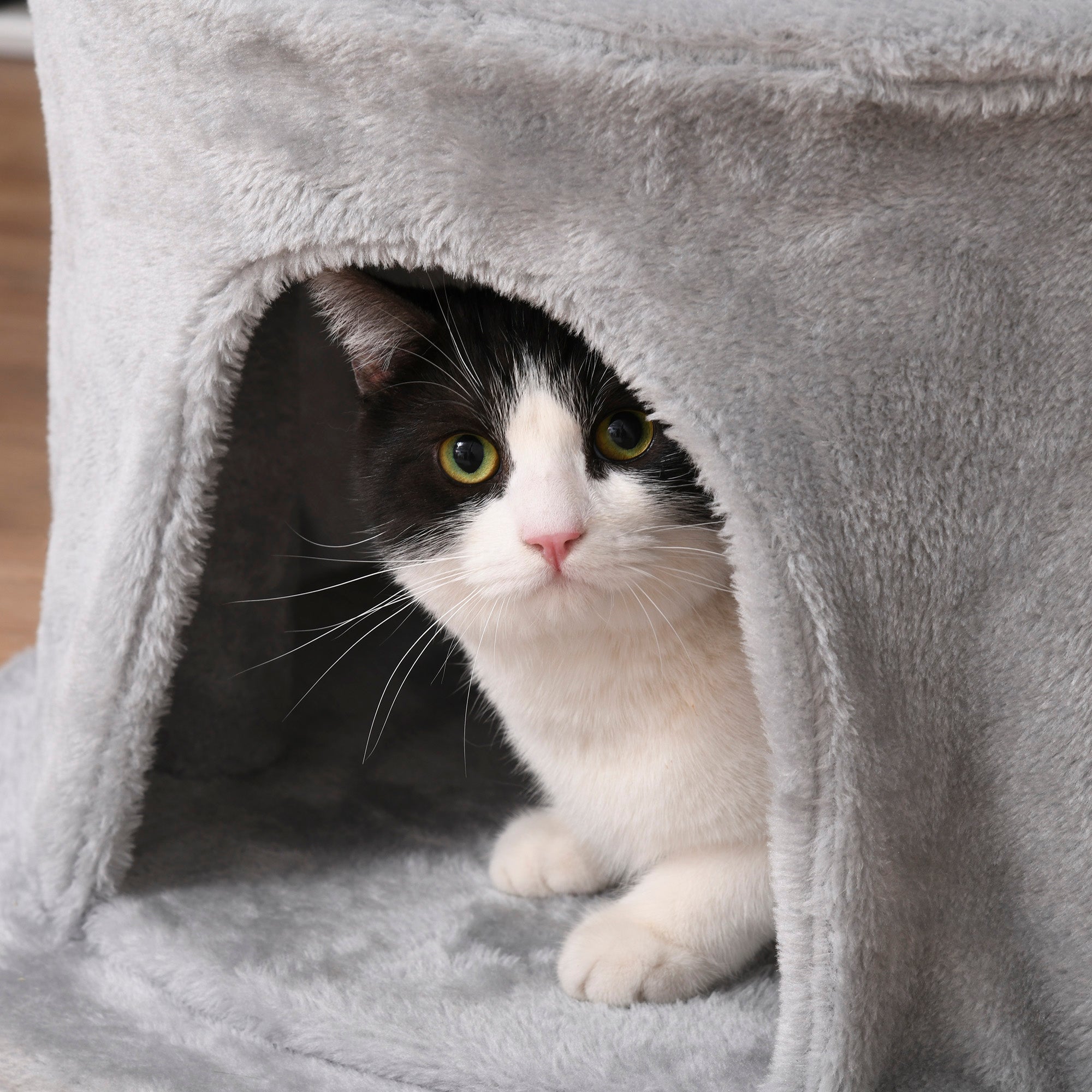 Cozy gray plush pawhut cat tree with large house arched entrance and hanging rope for indoor cats and kittens