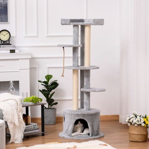 Gray plush pawhut cat tree with multiple platforms a hanging rope and cozy hideaway where a black and white cat rests