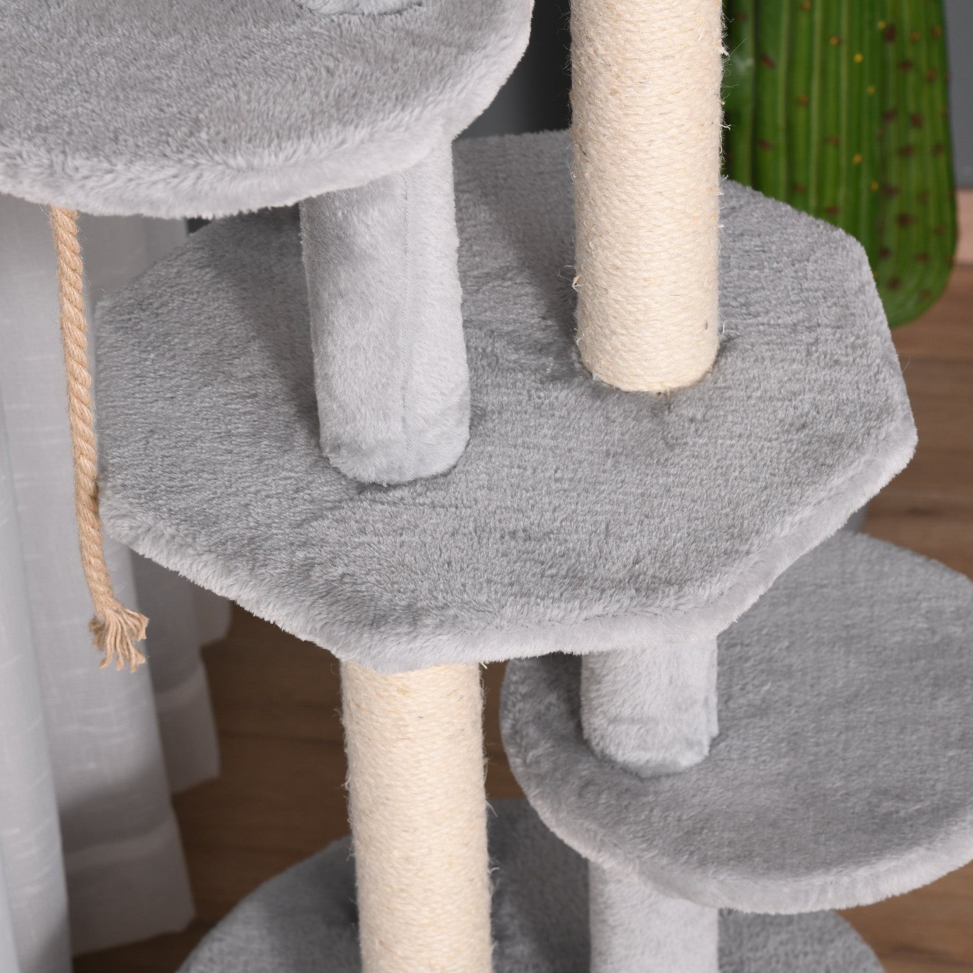 Gray plush pawhut cat tree with sisal scratching posts hanging rope toy large house for indoor cats