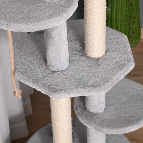 Gray plush pawhut cat tree with sisal scratching posts hanging rope toy large house for indoor cats