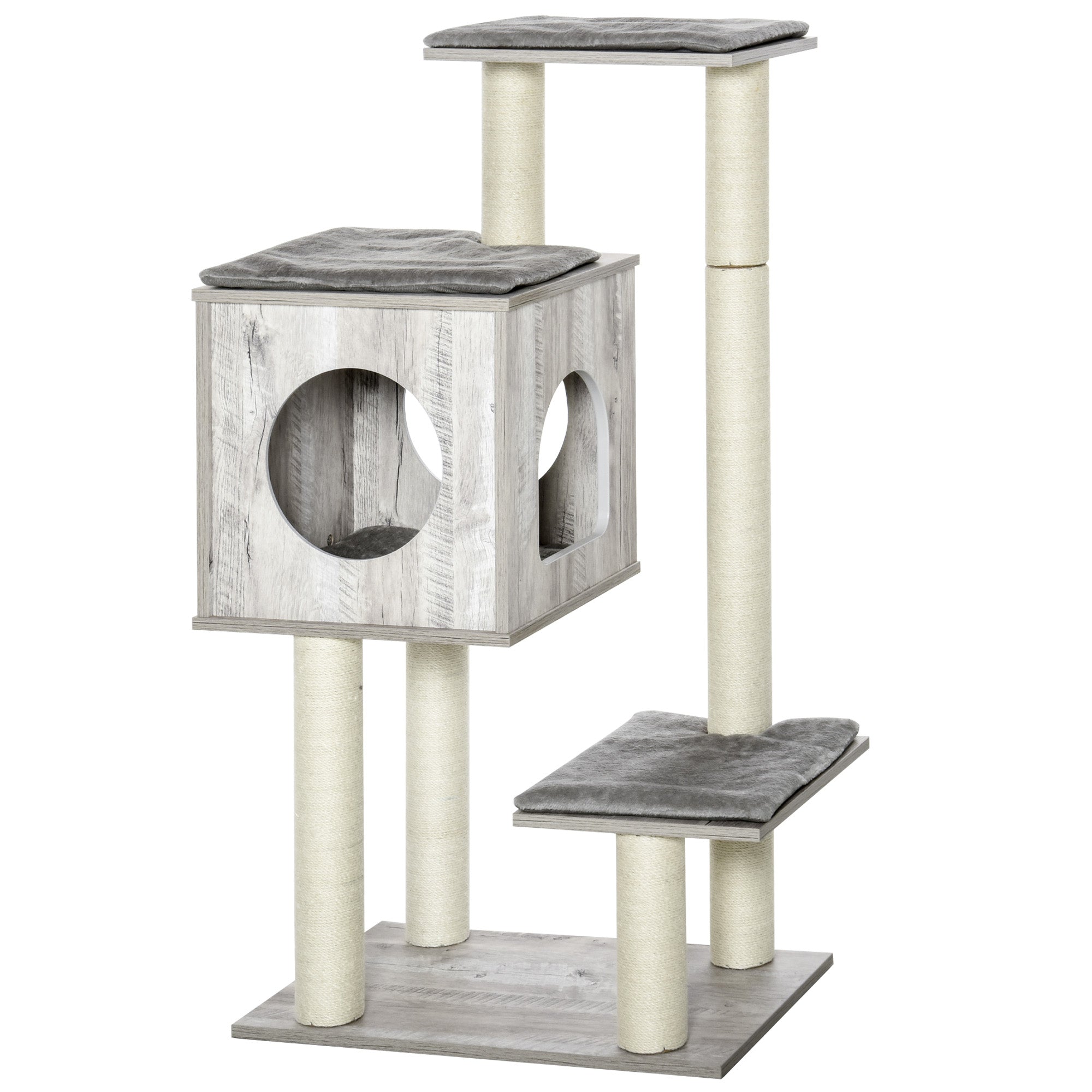 Gray wood-grain pawhut cat tree with jute scratching posts and soft gray cushions 60l x 40wcm indoor use