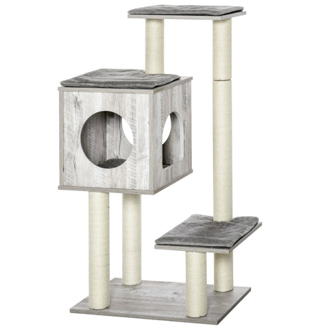 Gray wood-grain pawhut cat tree with jute scratching posts and soft gray cushions 60l x 40wcm indoor use