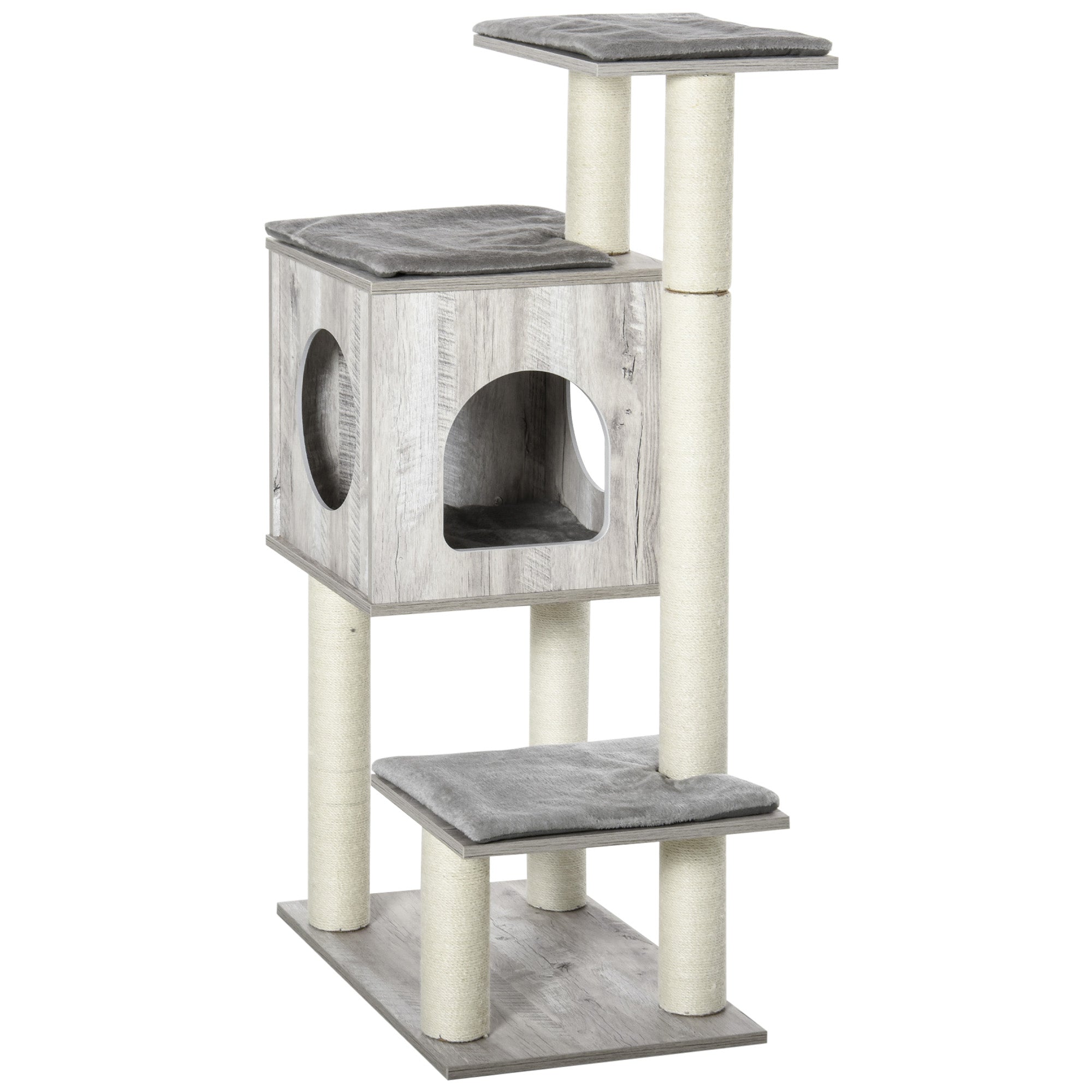 Gray and white pawhut cat tree with wooden house, carpeted platforms, and sisal scratching posts 60l x 40wcm