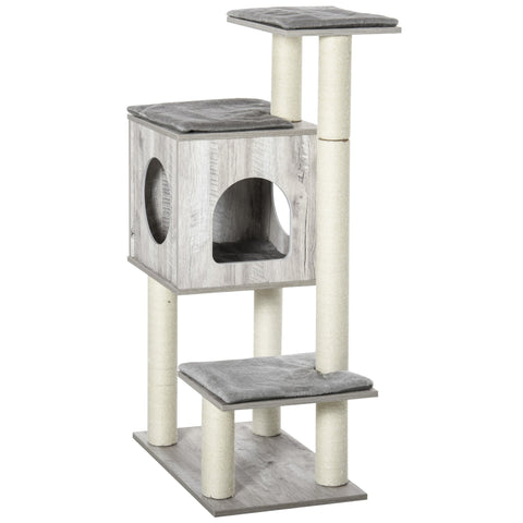 Gray and white pawhut cat tree with wooden house, carpeted platforms, and sisal scratching posts 60l x 40wcm