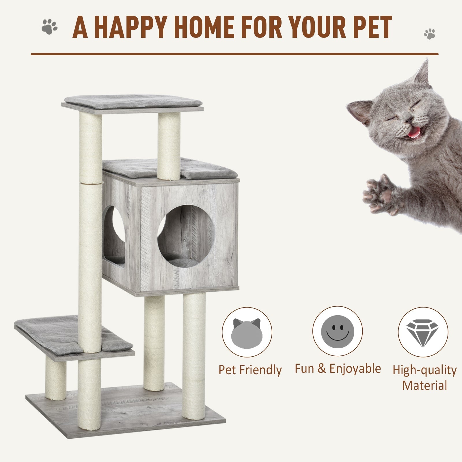 Gray wooden pawhut cat tree with soft gray platforms and jute scratching post measures 60l x 40wcm for indoor cats