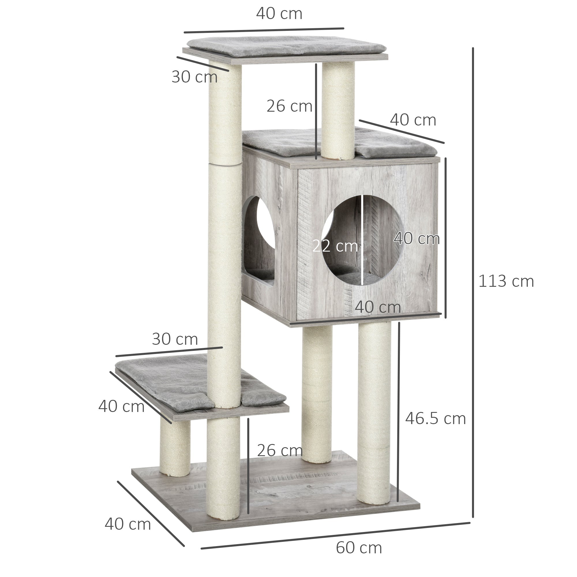 Gray wood textured pawhut cat tree with cream jute scratching posts and three platforms 60l x 40wcm for large cats