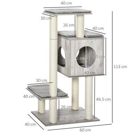 Gray wood textured pawhut cat tree with cream jute scratching posts and three platforms 60l x 40wcm for large cats