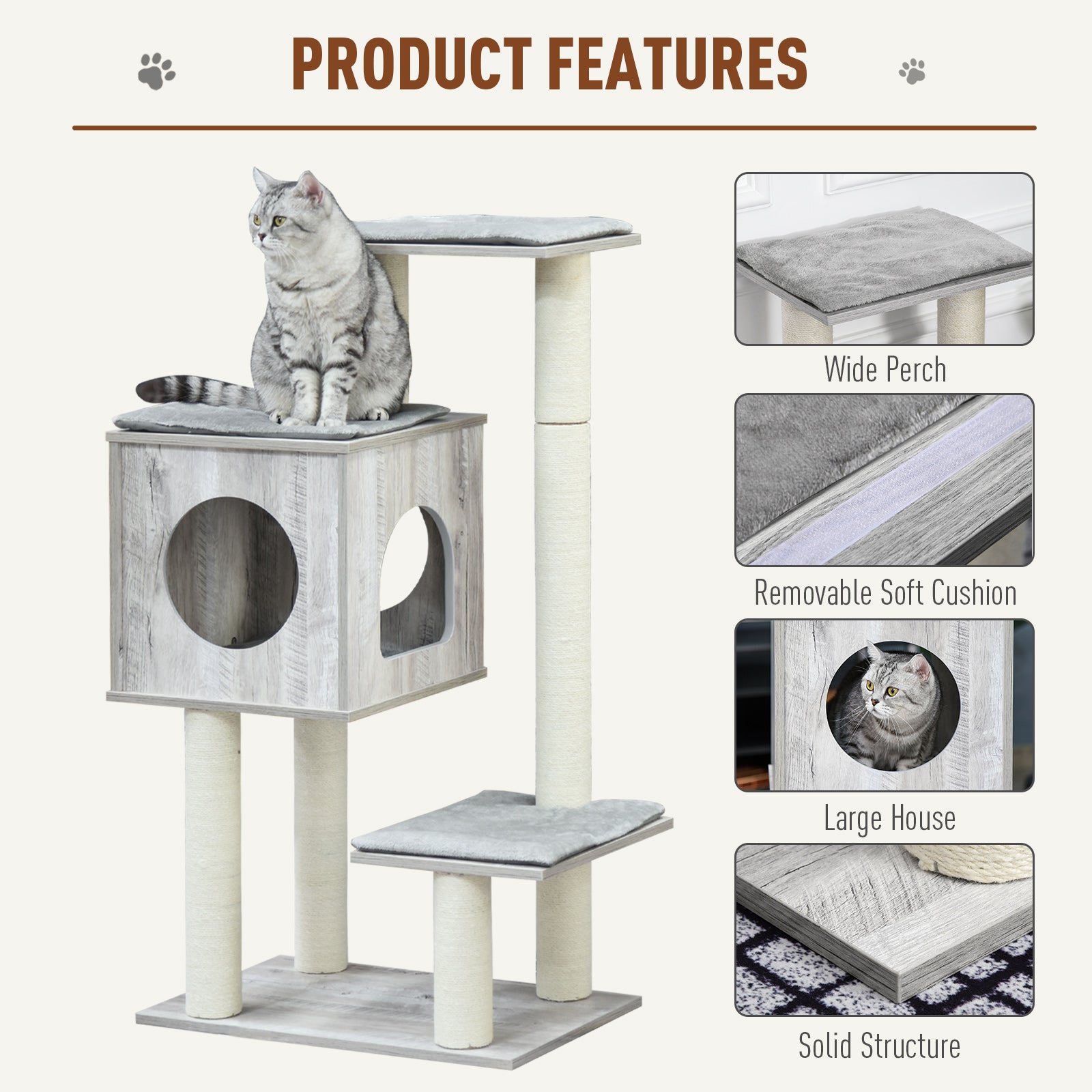 Gray and white wooden pawhut cat tree with soft gray cushions and jute scratching post 60l x 40wcm for large cats