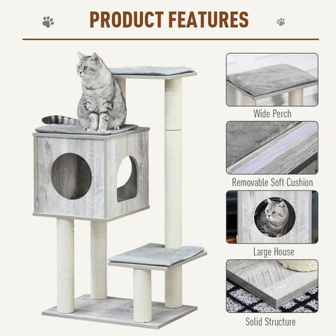 Gray and white wooden pawhut cat tree with soft gray cushions and jute scratching post 60l x 40wcm for large cats