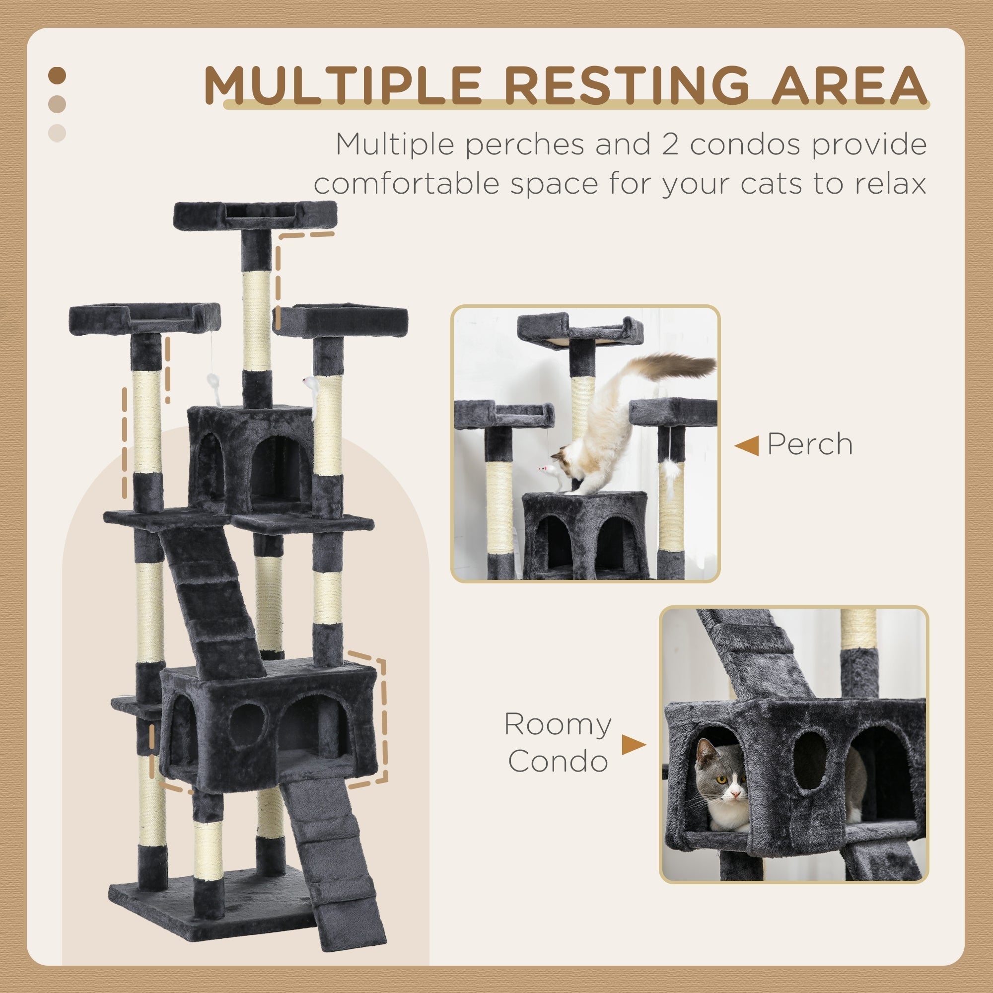 Black pawhut cat tree with plush platforms sisal scratching posts three dangling toys and multiple perches and condos