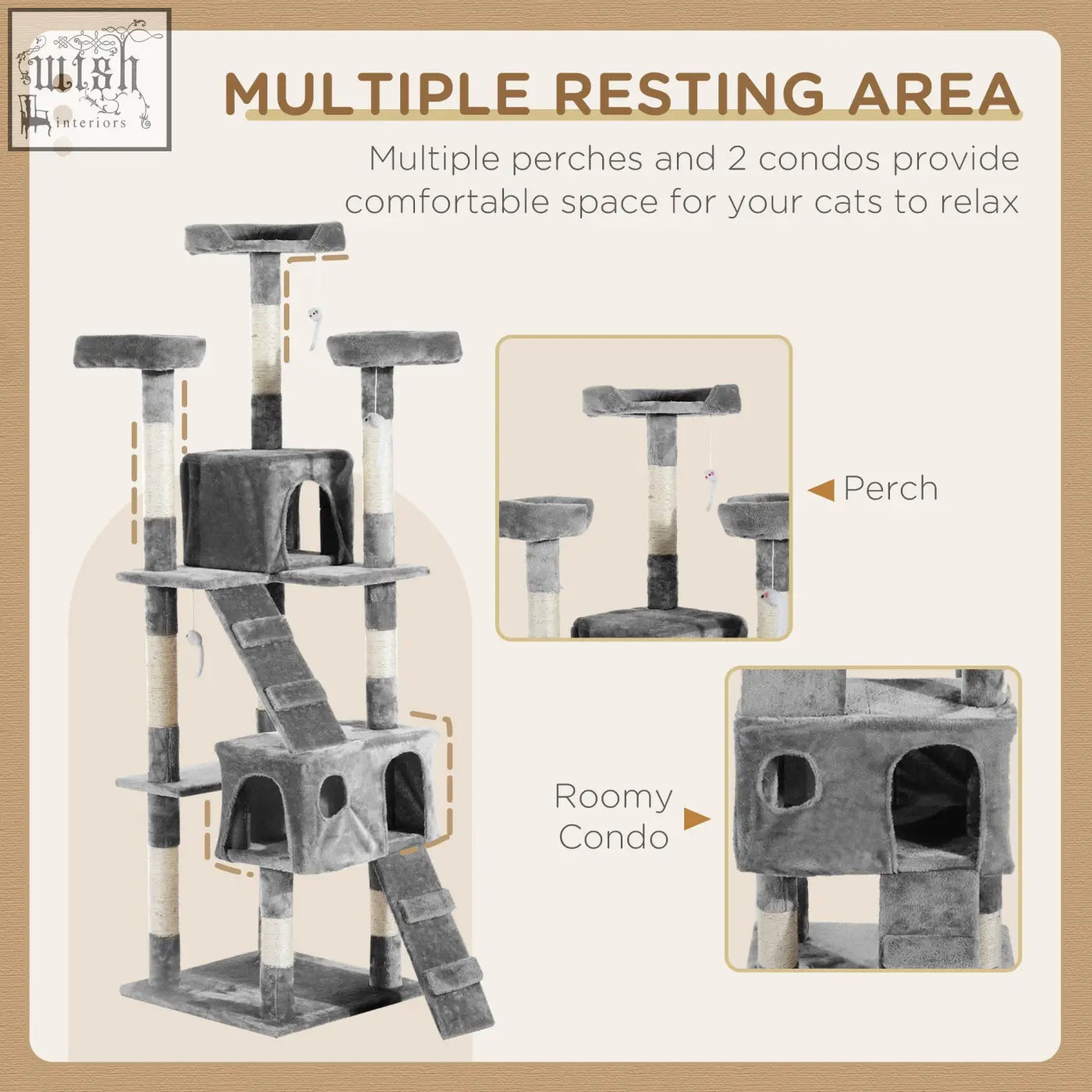 Gray plush pawhut cat tree with multiple perches and two cozy condos for scratching and playing fun
