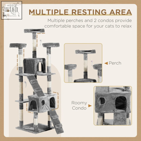 Gray plush pawhut cat tree with multiple perches and two cozy condos for scratching and playing fun