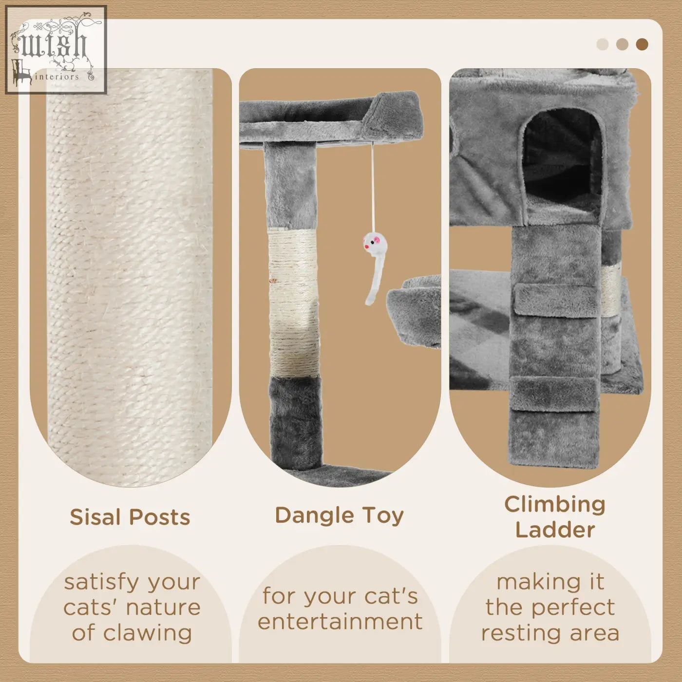 Gray plush pawhut cat tree with sisal scratching posts, dangling toy, and climbing ladder for active cats