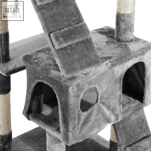 Gray plush pawhut cat tree with sisal-wrapped posts and cozy enclosed playhouse for scratching and play