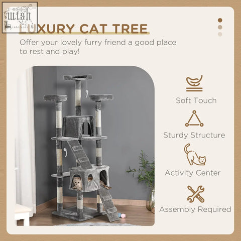 Gray plush pawhut cat tree with multiple platforms scratching posts and enclosed play areas for active cats