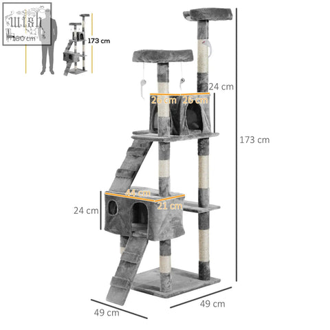 Gray pawhut cat tree with sisal scratching posts and plush platforms for activity and play center