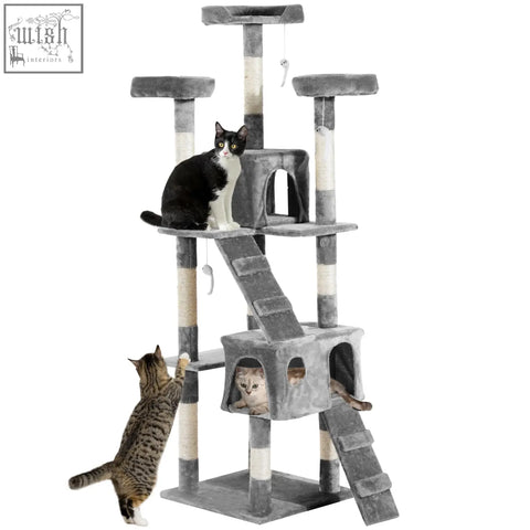Gray pawhut cat tree with plush platforms and sisal scratching posts for cat activity and play center