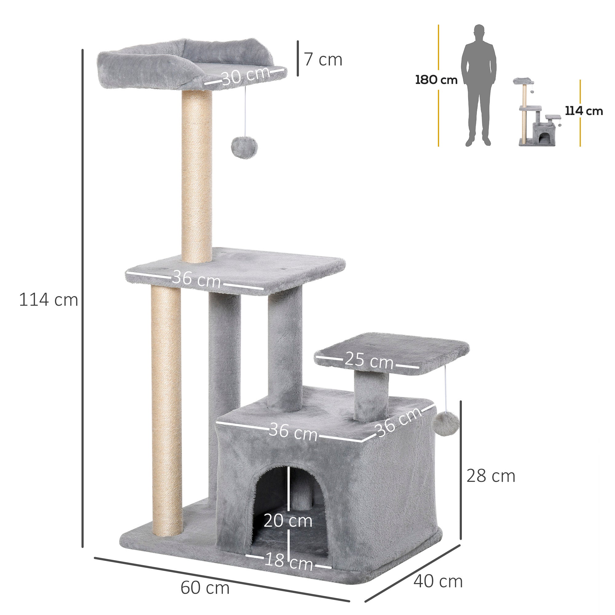 Gray pawhut cat tree tower with sisal scratching posts perch size for indoor cats and hanging ball toy
