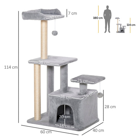 Gray pawhut cat tree tower with sisal scratching posts perch size for indoor cats and hanging ball toy