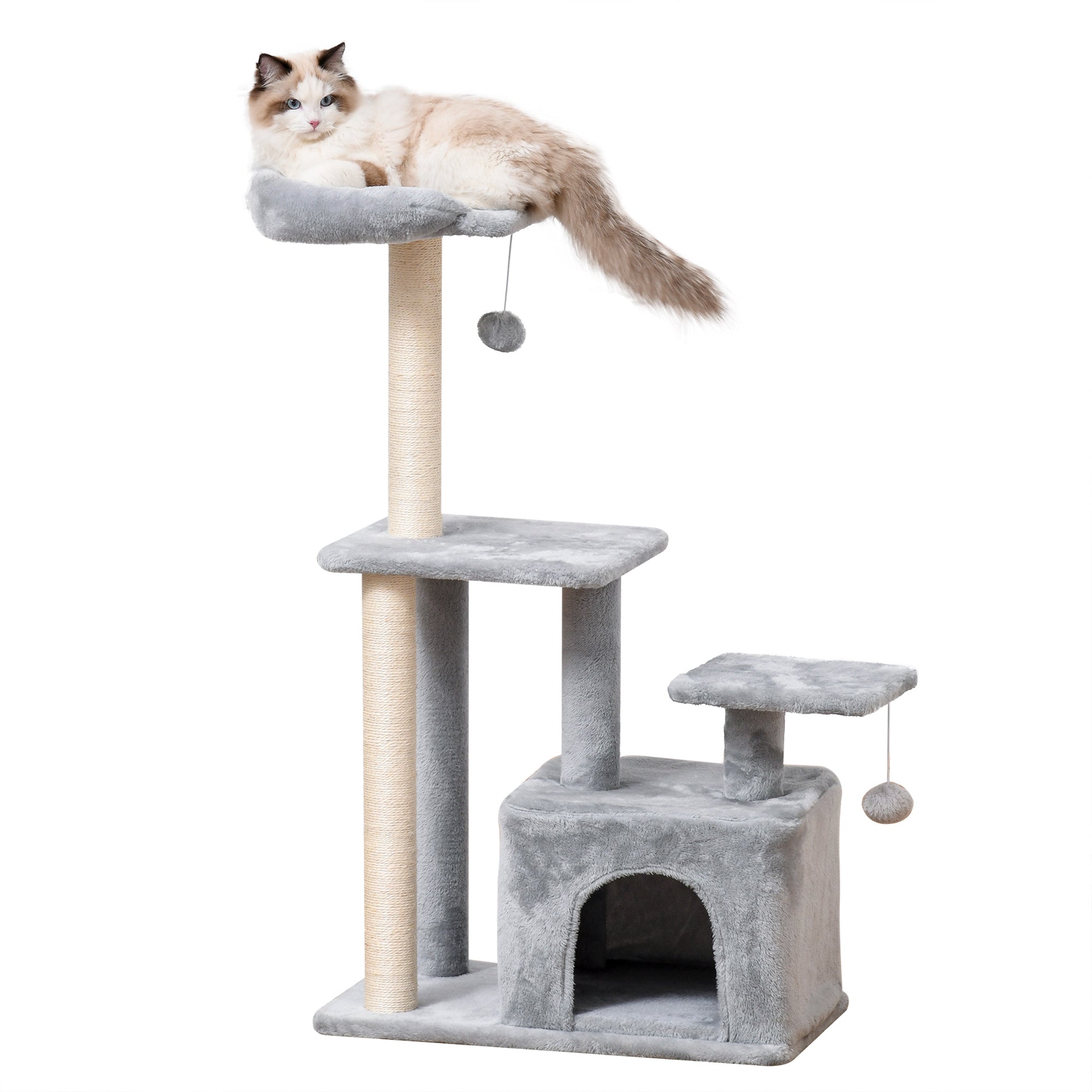 Gray pawhut cat tree tower with sisal scratching posts perch size for indoor cats and hanging ball toys