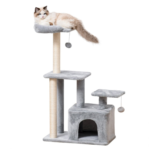Gray pawhut cat tree tower with sisal scratching posts perch size for indoor cats and hanging ball toys