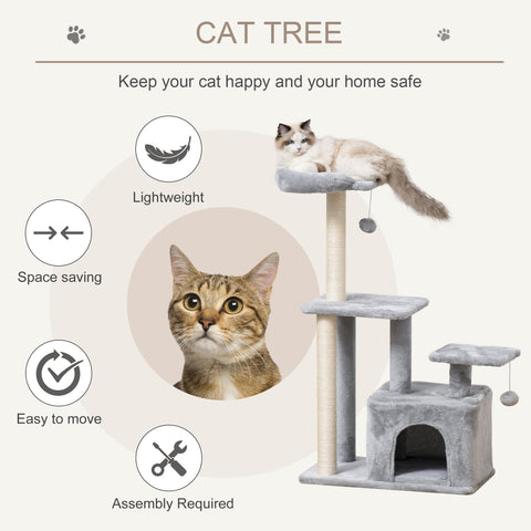 Gray pawhut cat tree tower with multiple platforms a perch and sisal scratching posts for indoor cats