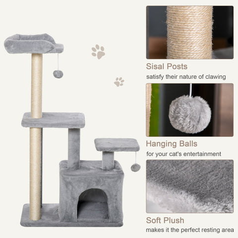Pawhut cat tree tower in light grey with sisal scratching posts perch size and hanging fuzzy balls for indoor cats