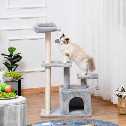 Gray pawhut cat tree tower with sisal scratching posts, multiple perch size platforms, and hanging ball toy for indoor cats