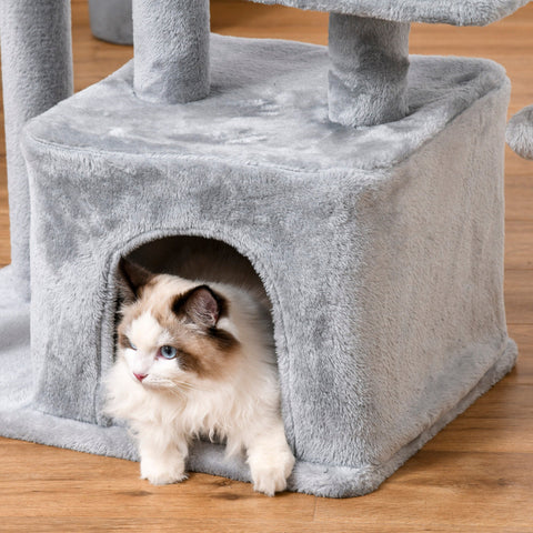 Gray plush pawhut cat tree house with sisal scratching posts and perch size, fluffy cat peeking out the entrance