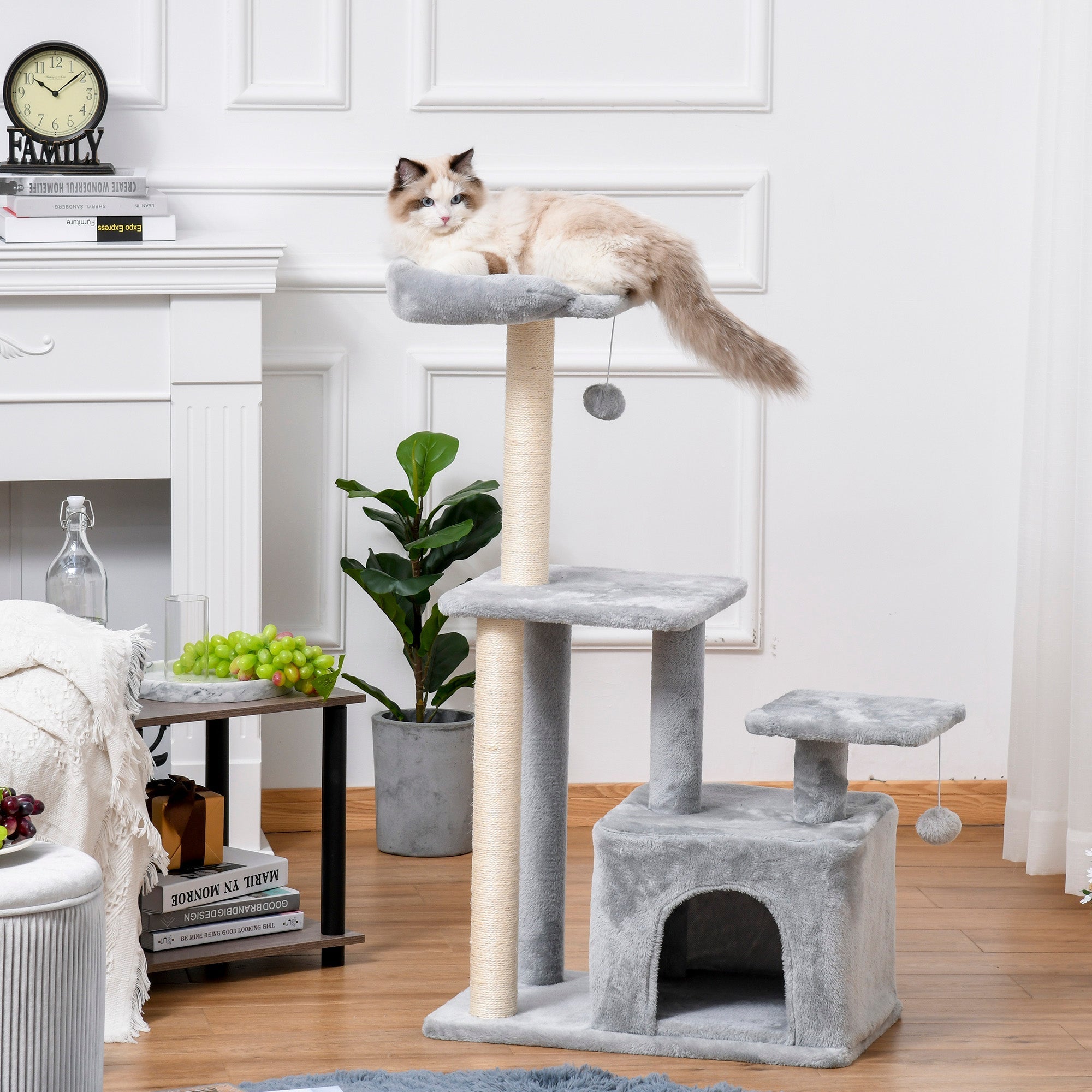 Gray pawhut cat tree tower with sisal scratching posts, soft platforms, perch size suited for indoor cats and kittens