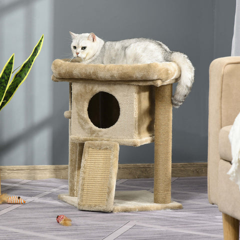 Beige pawhut cat tree tower with sisal scratching posts and jute scratching pad for indoor cats play and rest