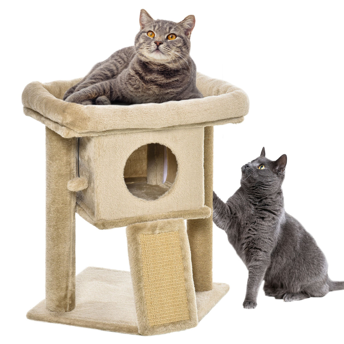Beige PawHut cat tree tower with soft plush top platform, sisal posts, and jute scratching pad for indoor cats