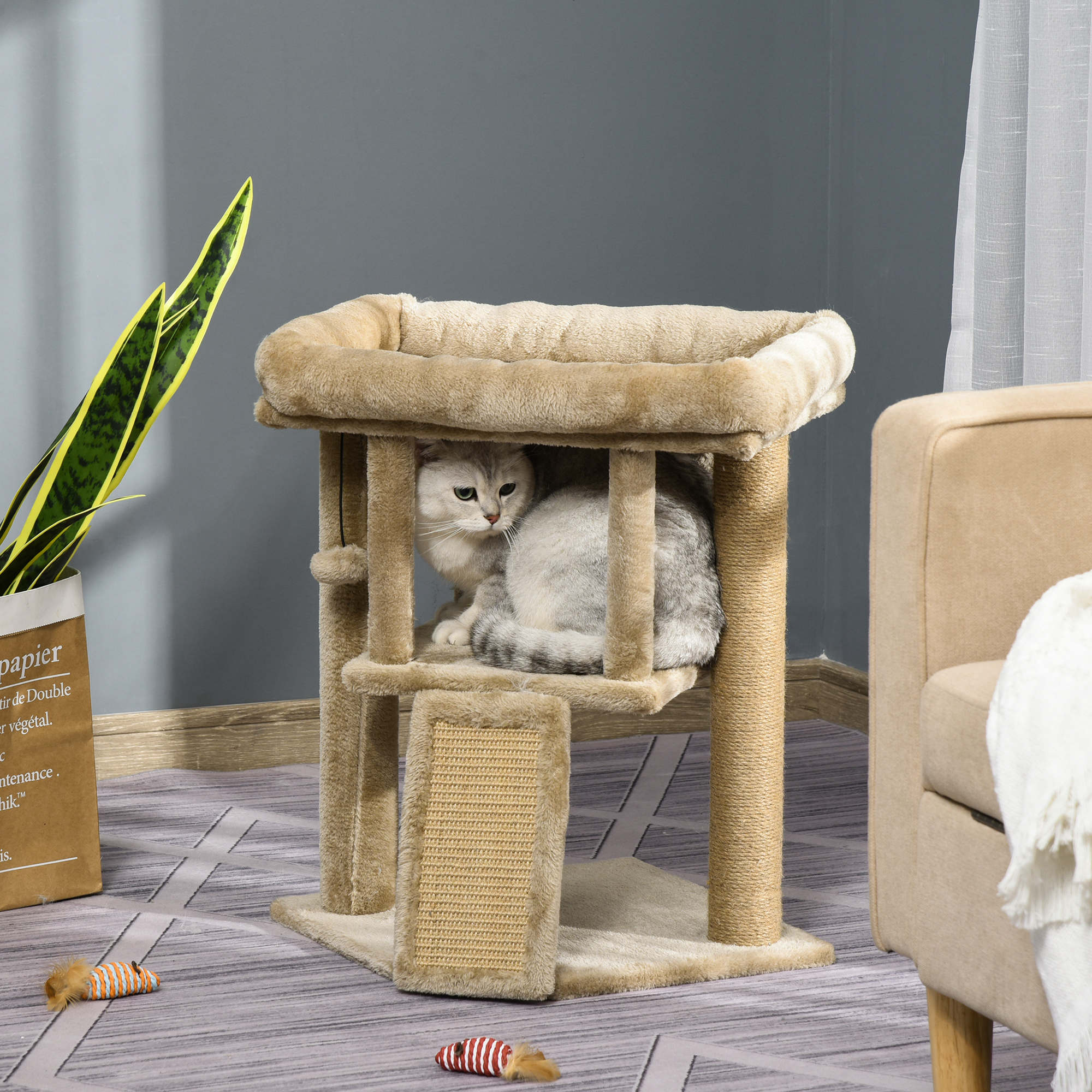 Beige pawhut cat tree tower with sisal scratching posts soft cushioned top and jute scratching pad for indoor cats