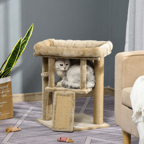 Beige pawhut cat tree tower with sisal scratching posts soft cushioned top and jute scratching pad for indoor cats