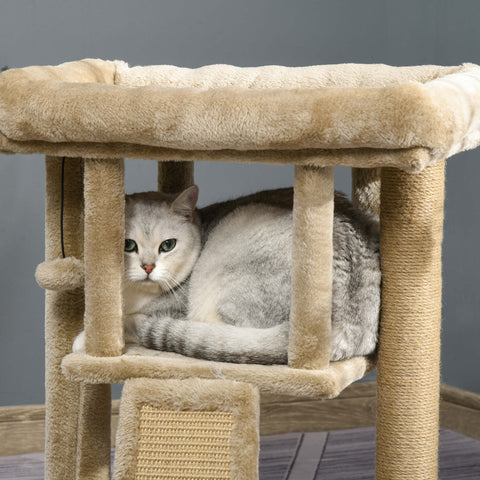Beige pawhut cat tree tower with sisal posts soft cushioned top platform and jute scratching pad for indoor cats