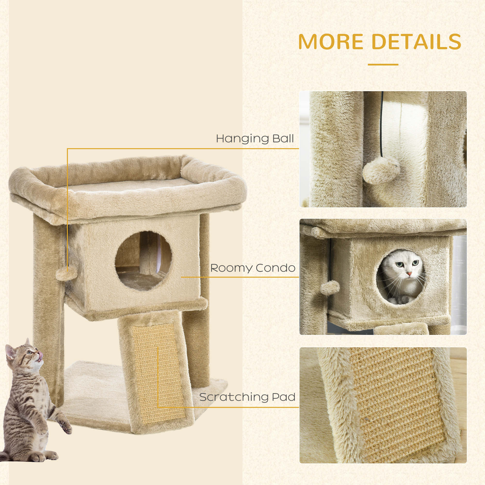 Beige pawhut cat tree tower with cozy condo, jute scratching pad, hanging ball, and indoor climbing activity center