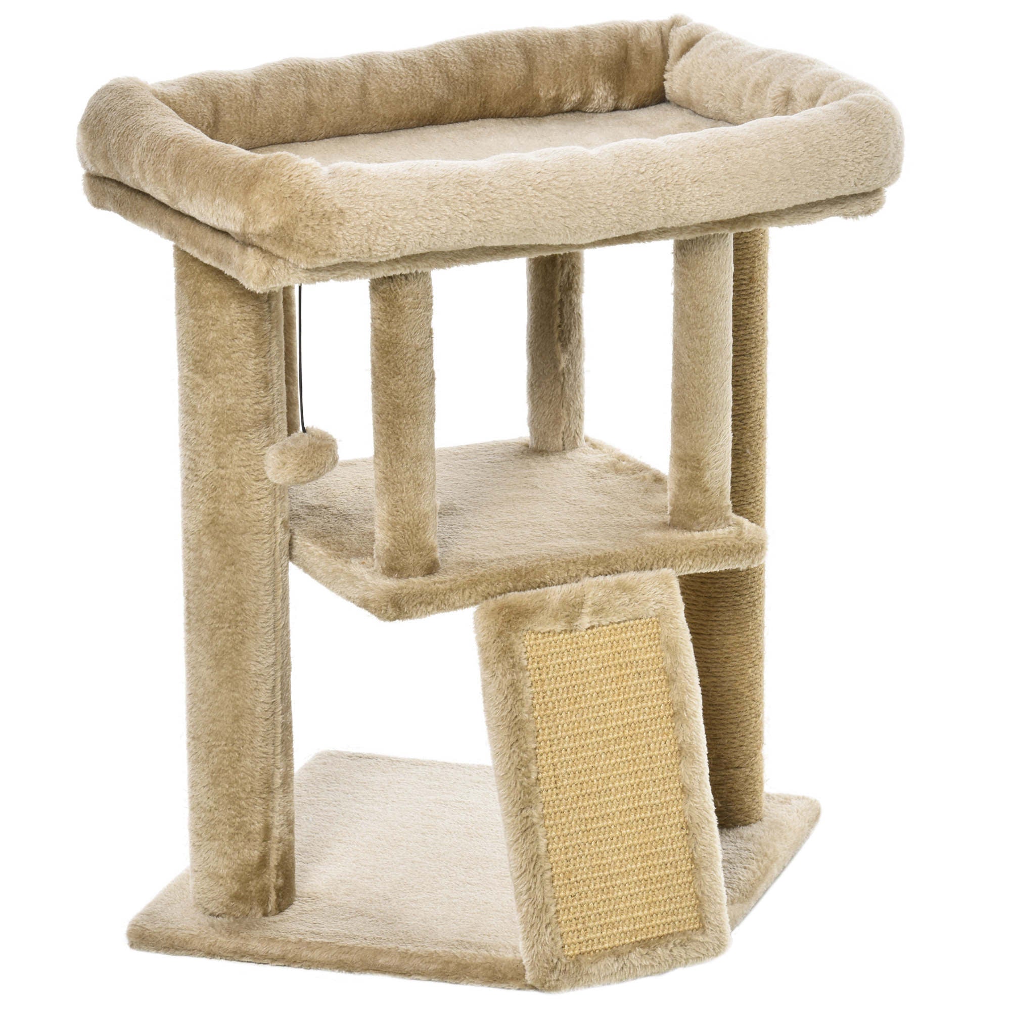 Beige pawhut cat tree tower with plush surfaces, jute scratching pad, scratching posts, and textured ramp for indoor cats