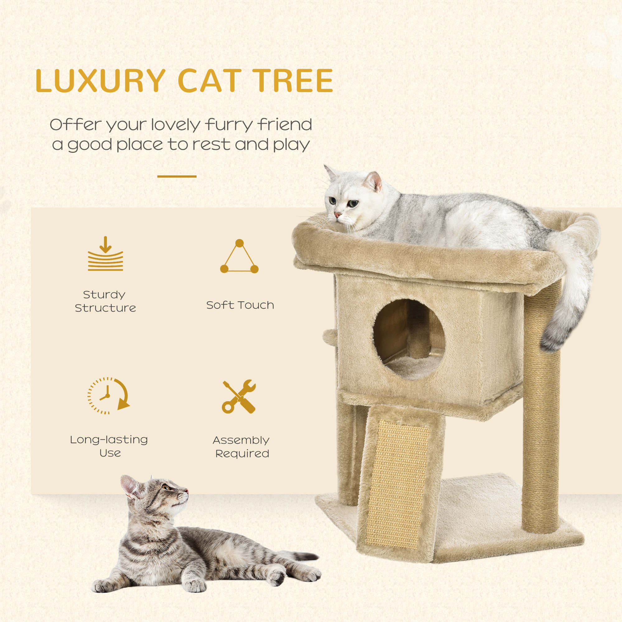 Beige pawhut cat tree tower with soft-touch fabric sisal posts and jute scratching pad for indoor cats