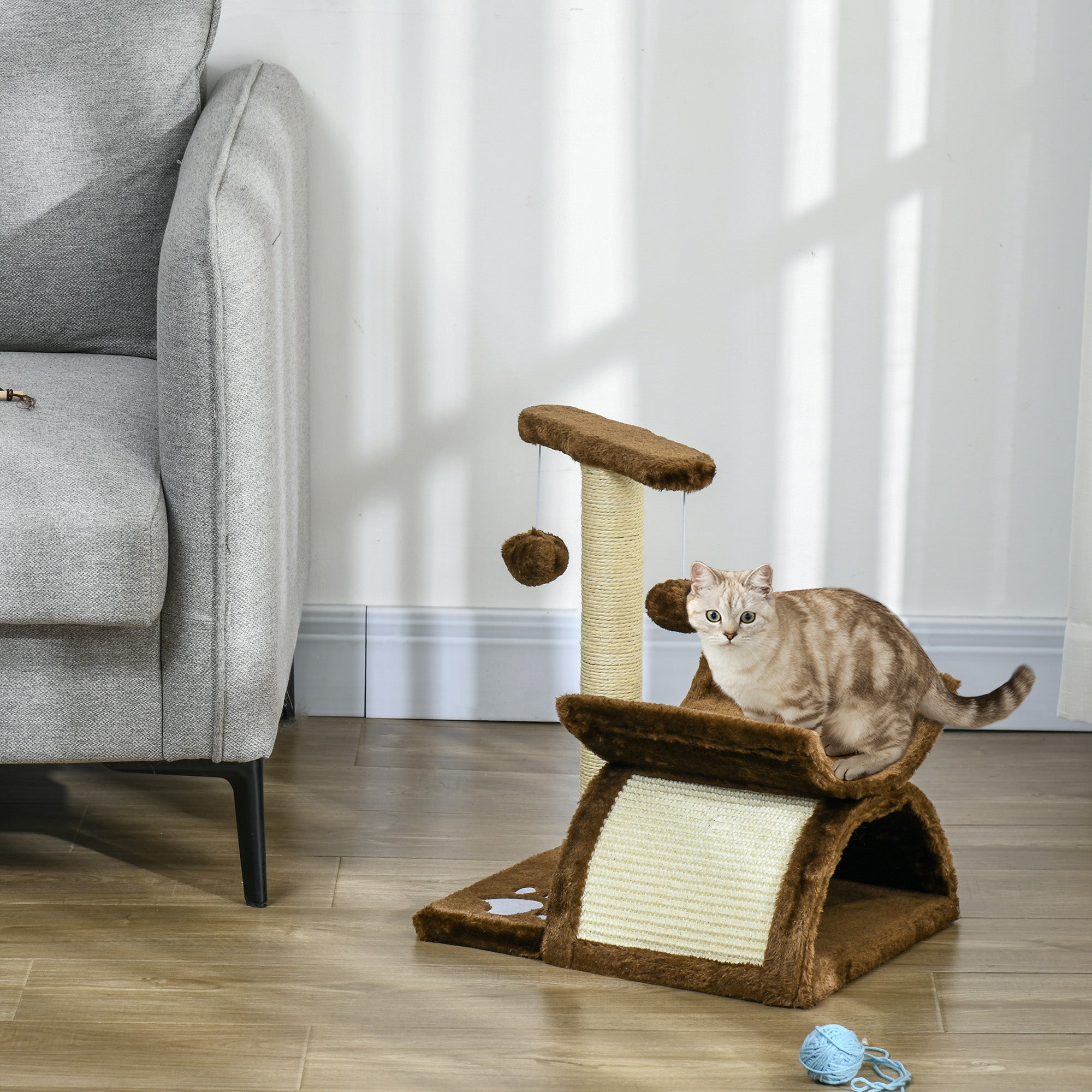 PawHut Cat Tree, Cat Tower for Kittens, Small Cat Condo with Rotatable Top Bar, Sisal Scratching Post, Tunnel, Dangling Balls - Brown