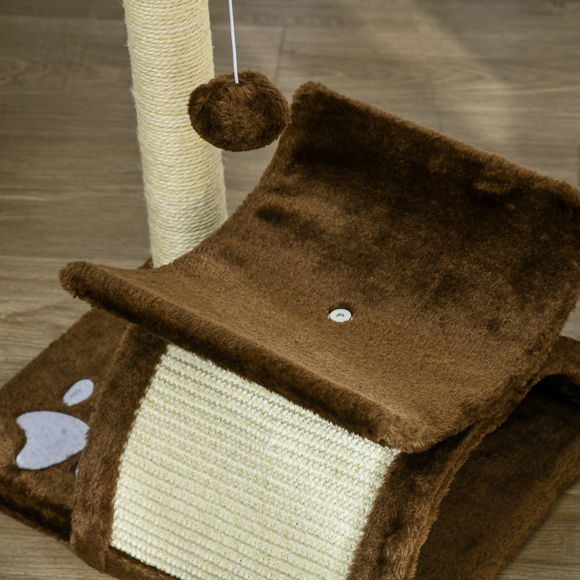 PawHut Cat Tree, Cat Tower for Kittens, Small Cat Condo with Rotatable Top Bar, Sisal Scratching Post, Tunnel, Dangling Balls - Brown