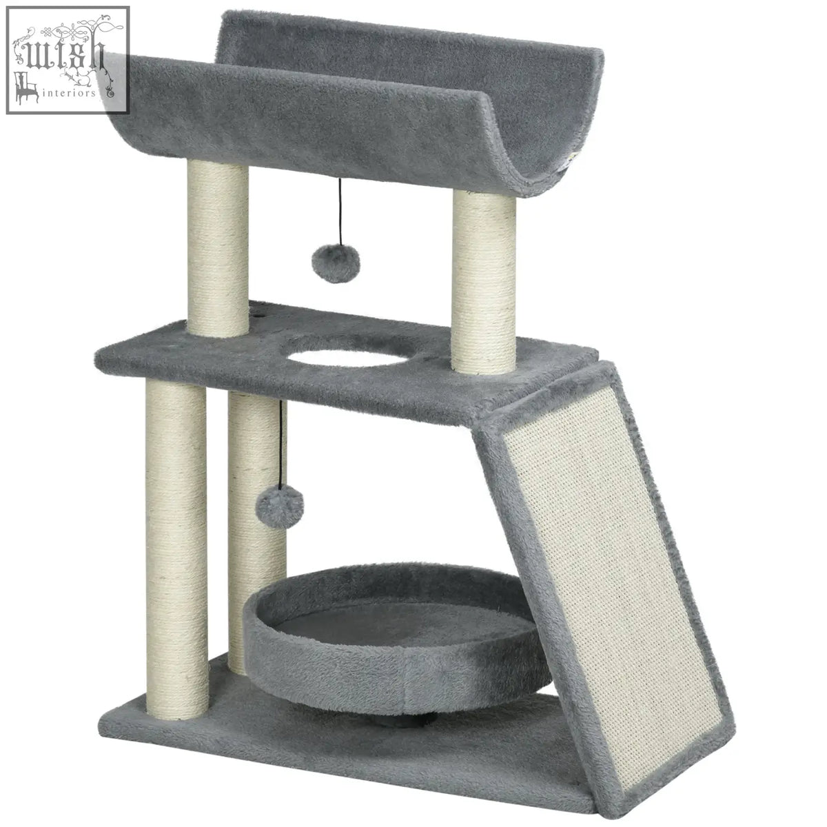 Gray pawhut cat tree with beige particle board scratching posts and sisal ramp for playful cats