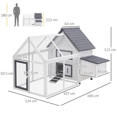 White and gray pawhut chicken coop with fir wood frame, mesh enclosure, slanted roof, and attached nesting box