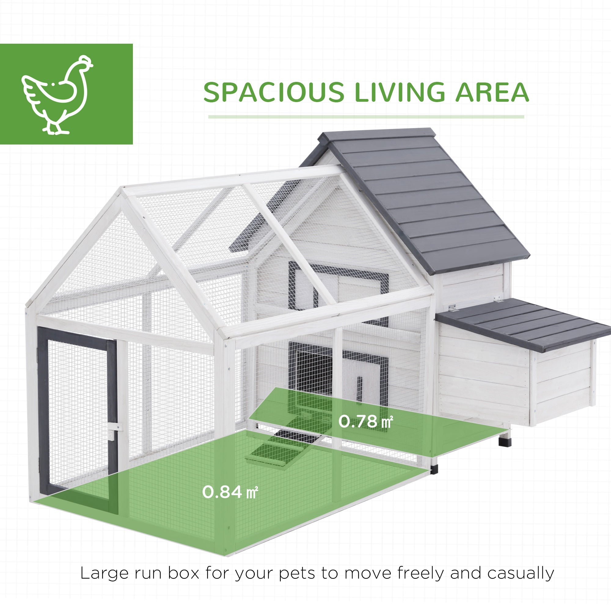 White and gray fir wood pawhut chicken coop with mesh run and nesting box for outdoor poultry and small animals