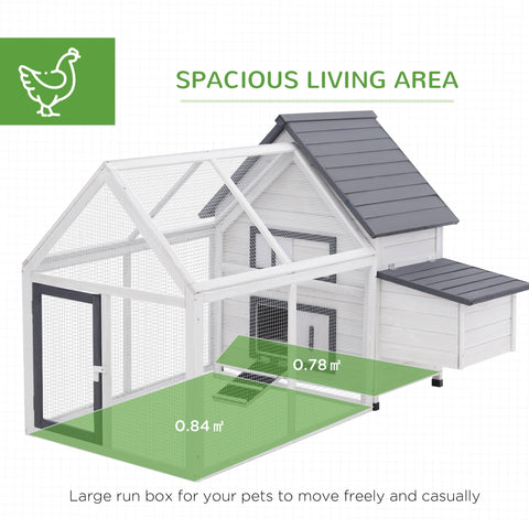 White and gray fir wood pawhut chicken coop with mesh run and nesting box for outdoor poultry and small animals