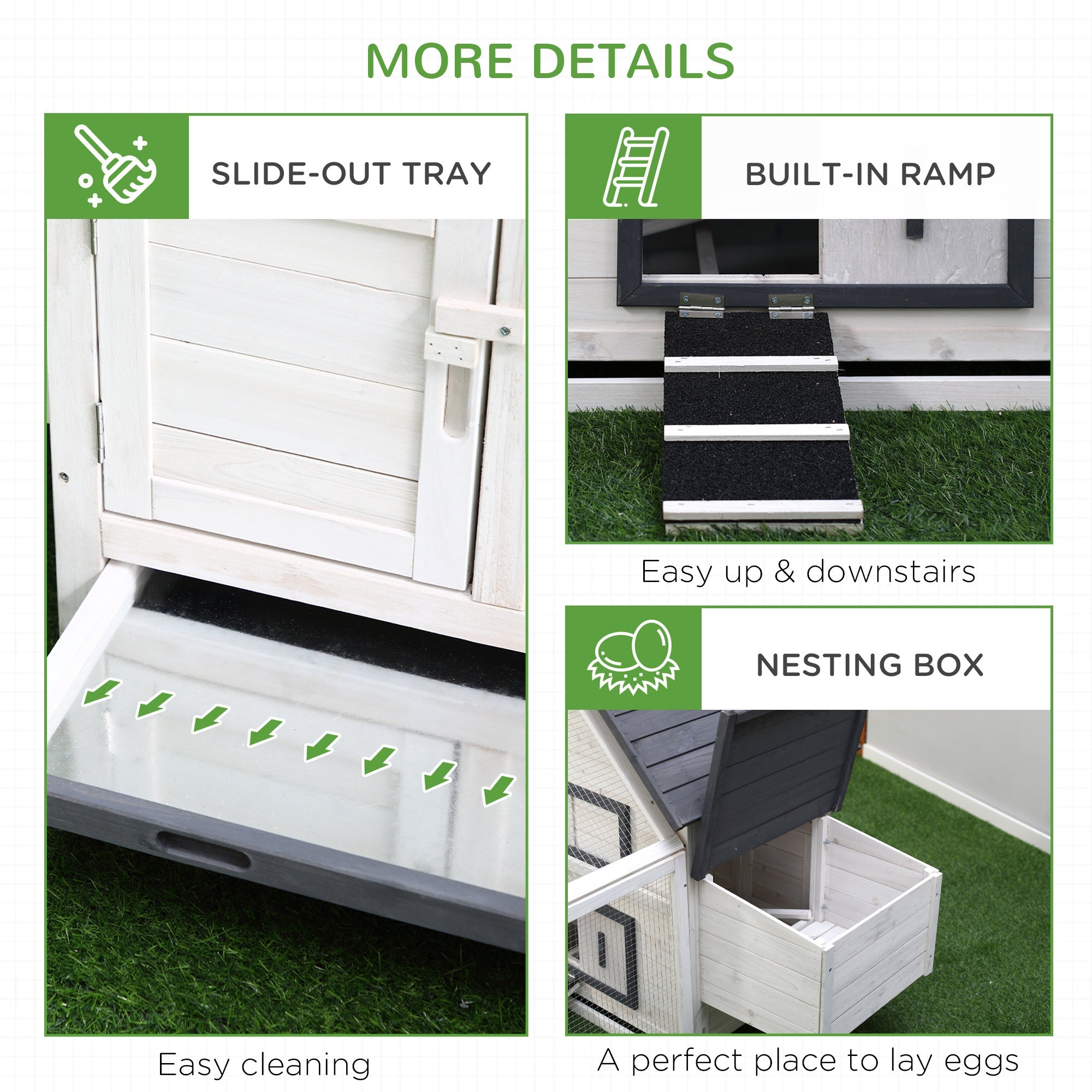 Pawhut white fir wood chicken coop with nesting box slide-out tray and ramp for outdoor poultry housing