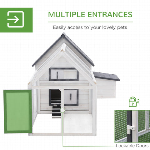 White and gray fir wood chicken coop with multiple lockable doors and nesting box for outdoor poultry care