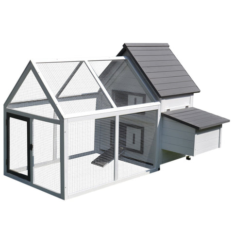 Gray and white pawhut fir wood chicken coop with wire mesh run and attached nesting box for outdoor poultry use
