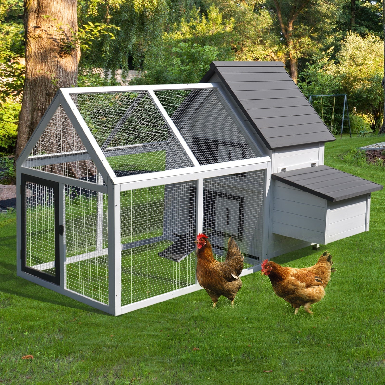 White and gray fir wood chicken coop with wire mesh panels and nesting box for outdoor small animals