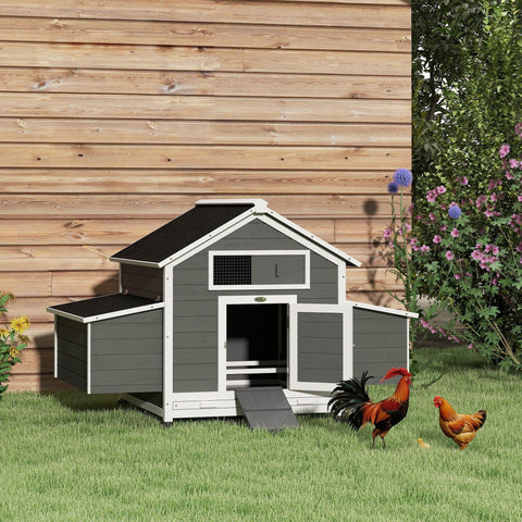 Pawhut chicken coop with gray and white wooden hen house, black roof, small ramp entrance, nesting box, and pull-out tray