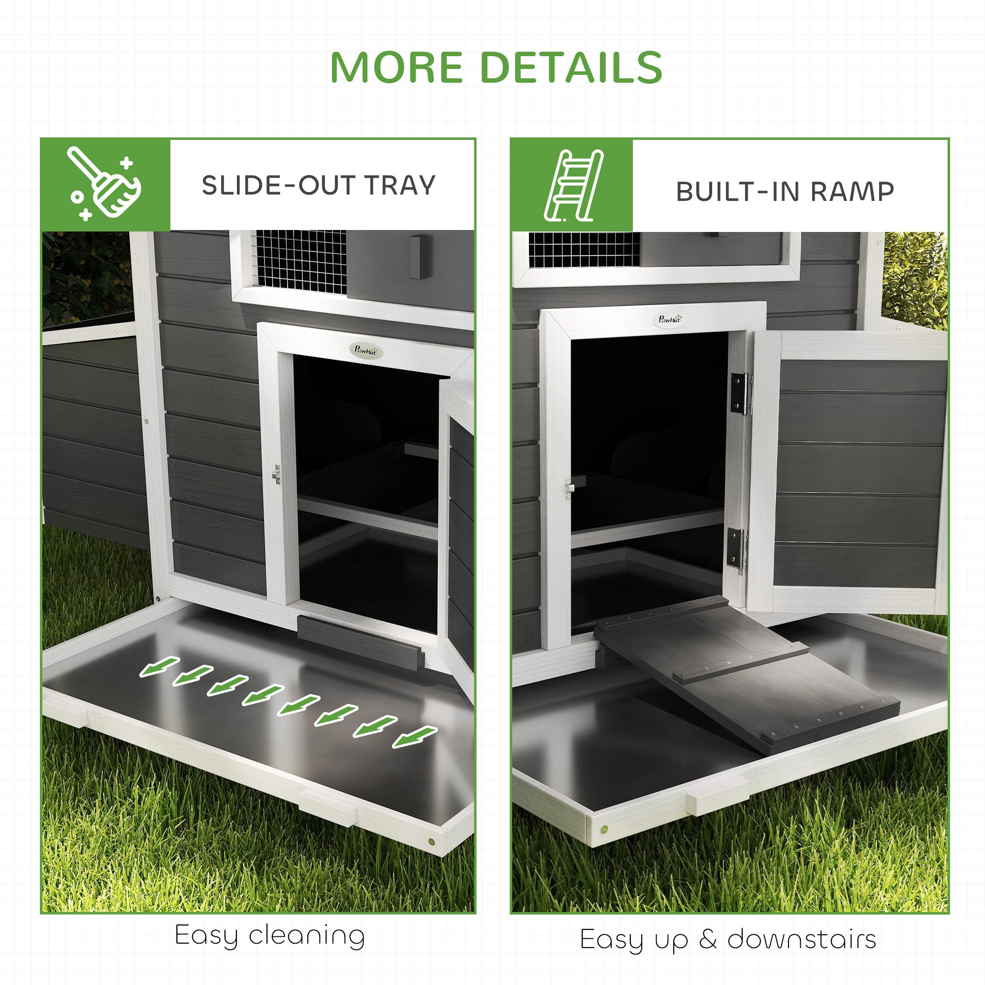 Gray and white plastic pawhut chicken coop with slide-out tray and built-in ramp for easy outdoor hen house care